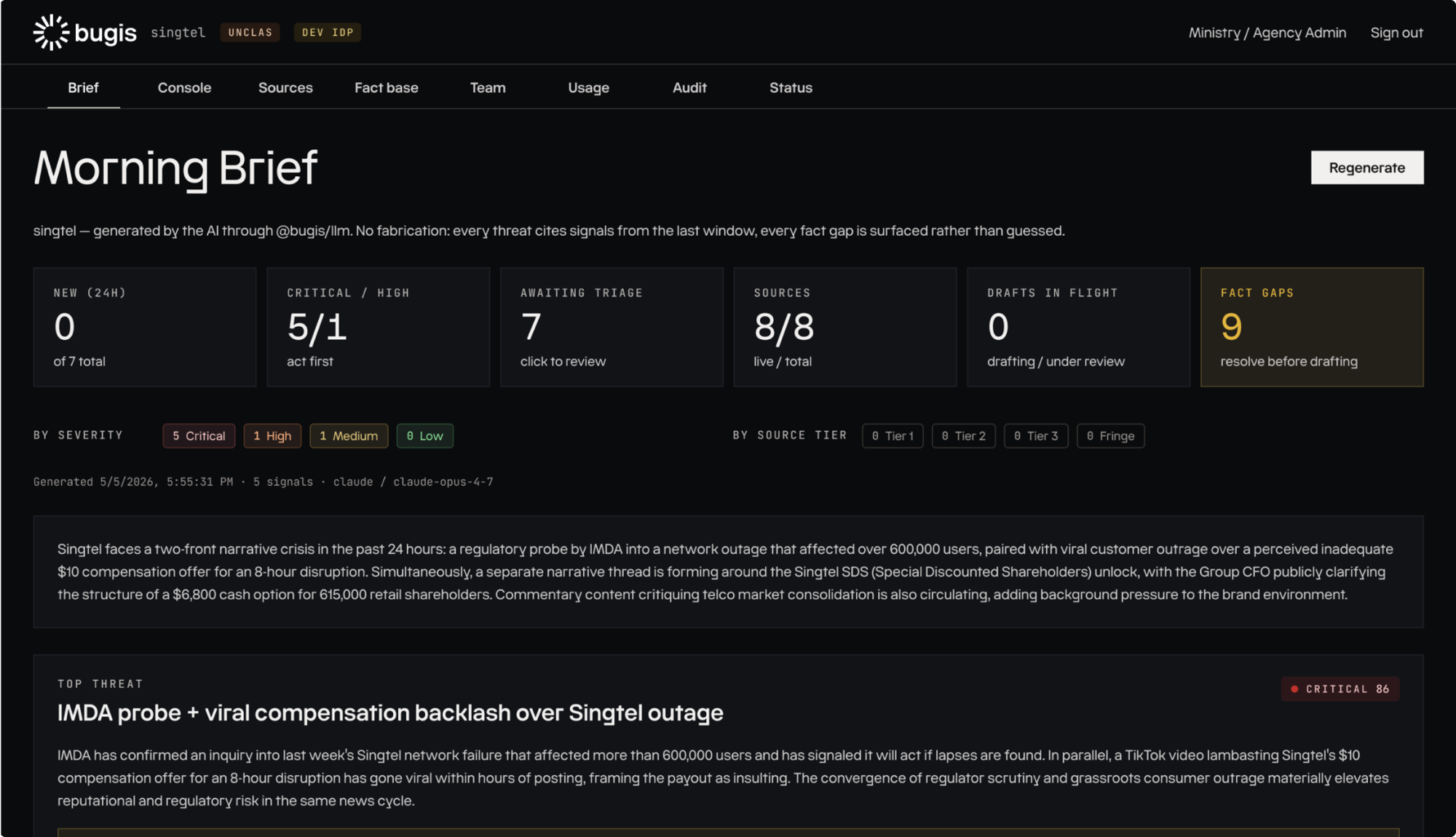 Bugis.ai Morning Brief dashboard showing threat signals, severity filters, and AI-generated analysis